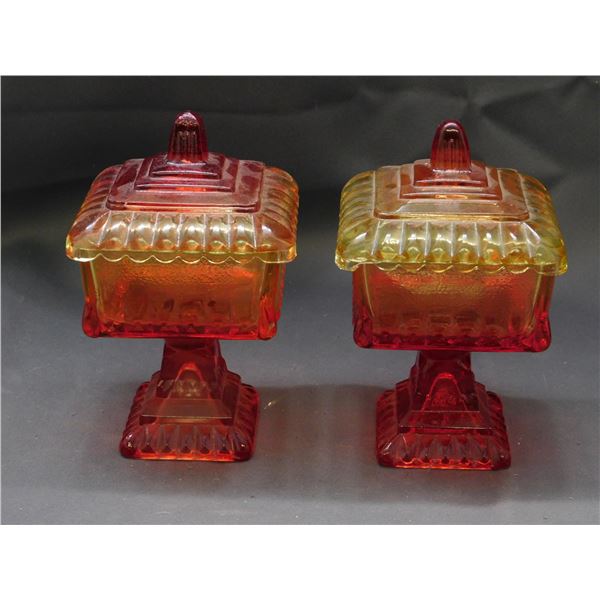 Pair of Vintage Depression Glass Red/Yellow Jeanette Pedestal Candy Dish Amberina