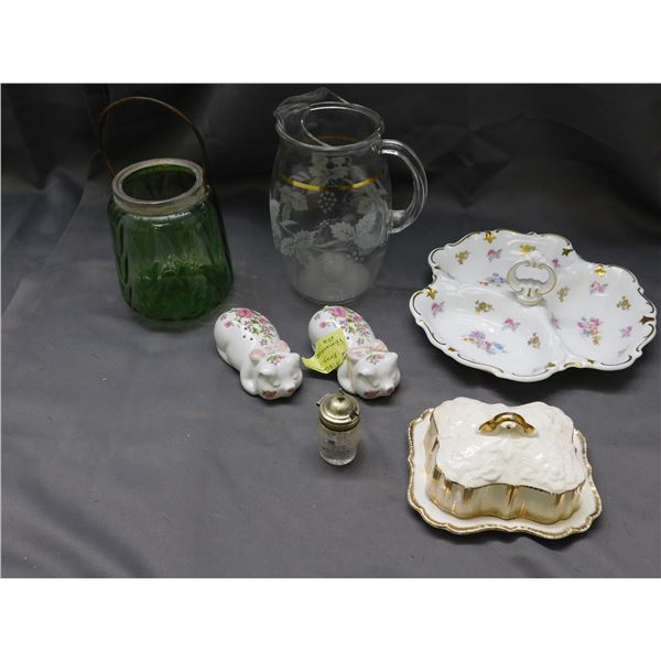 Lot of 6 Porcelain Divided Serving Tray, Butter Dish, Hanging Lantern, Glass Pitcher, Salt, Avon Pig