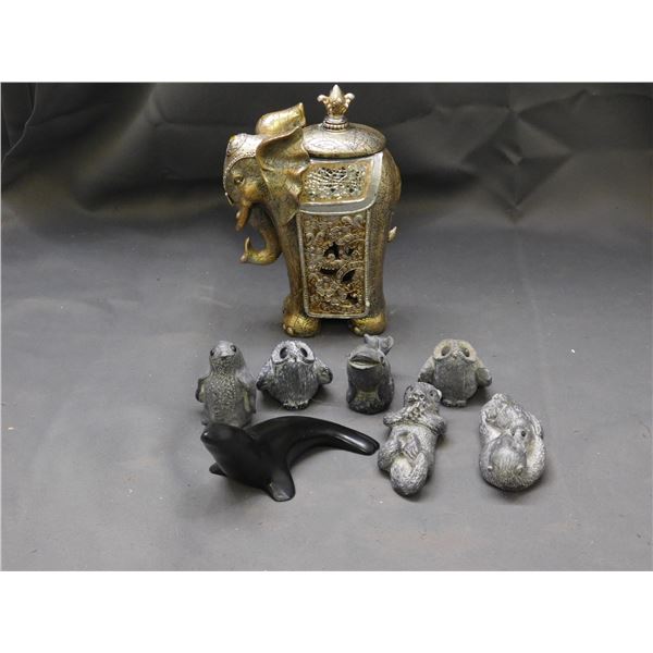 Wolf Original Soapstone Style Anima Resin Figurines, Elephant Figurine Jar