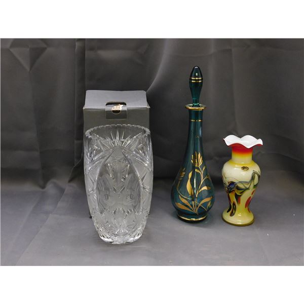 Lot of 3 Art Glass Vase, Blue w Gold Detail Decanter and Waterford Crystal Large Vase