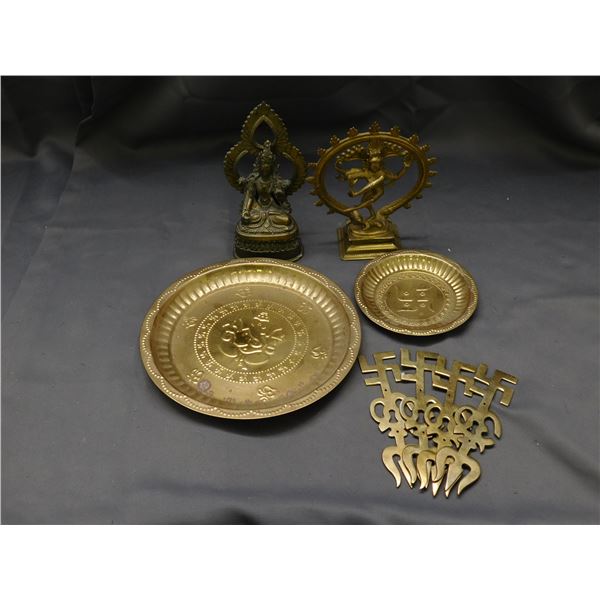 Lot of India Brass Buddhist Figurines, Plates & Prongs