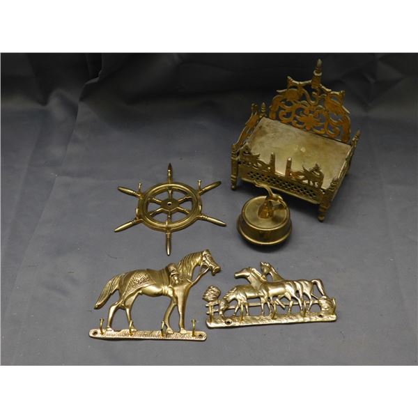 Lot of 5pcs India Brass Key Hooks, Music Box, Horses Nautical Ship Wheel, Tray
