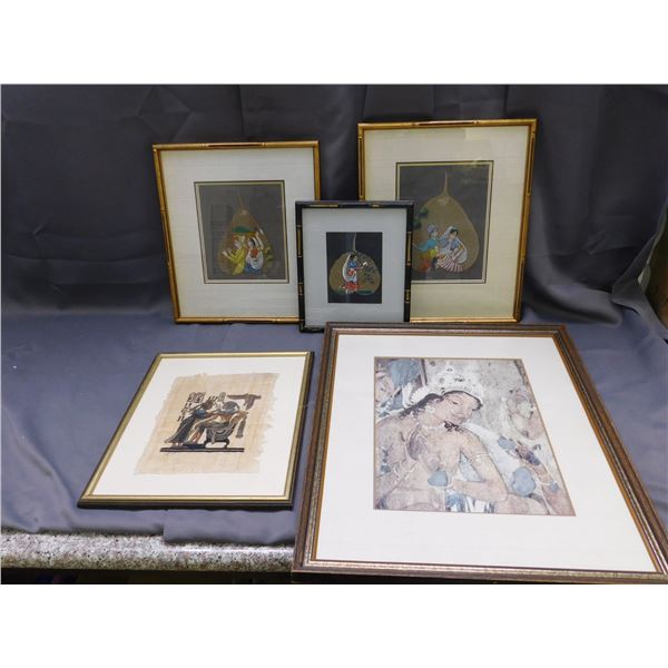 Lot of 5 Framed Wall Art Mixed Media Leaf Paintings Indian Gods Deities, Egyptian Hand Painted