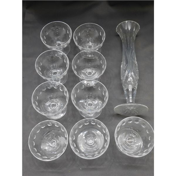 Lot of 9 Crystal Bar Glasses and Vase