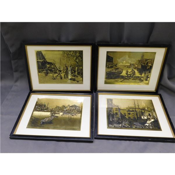 Lot of 4 Gold Lionel Barrymore Landscape Travel Scenery Gold and Black Fine Etching Framed Art