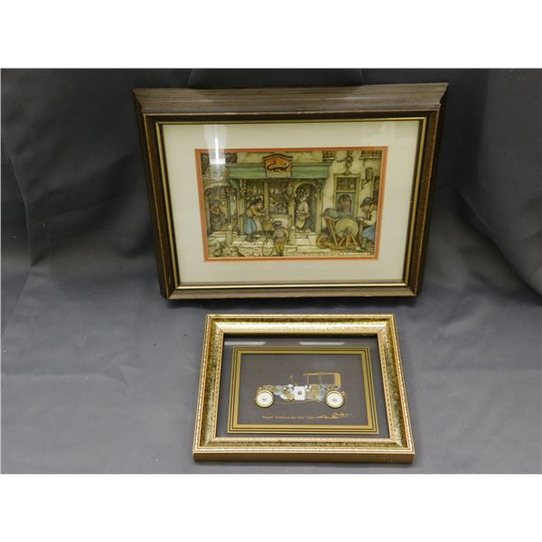 Lot of 2 Papercraft 3 Dimensional Wall Art and Mixed Media Watch Gears Oldsmobile Car (framed)