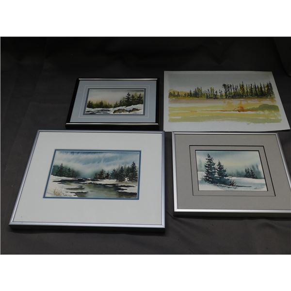 Lot of 4 Original Watercolour Winter Scenes Paintings 3 Framed, 4 Artist Signed