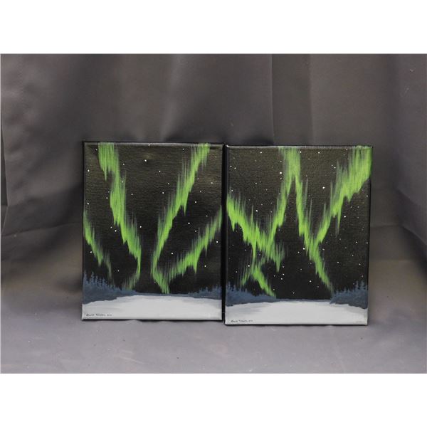 Lot of 2 Original Acrylic Canvas Paintings Aurora Borealis The Northern Lights 8" x 10"