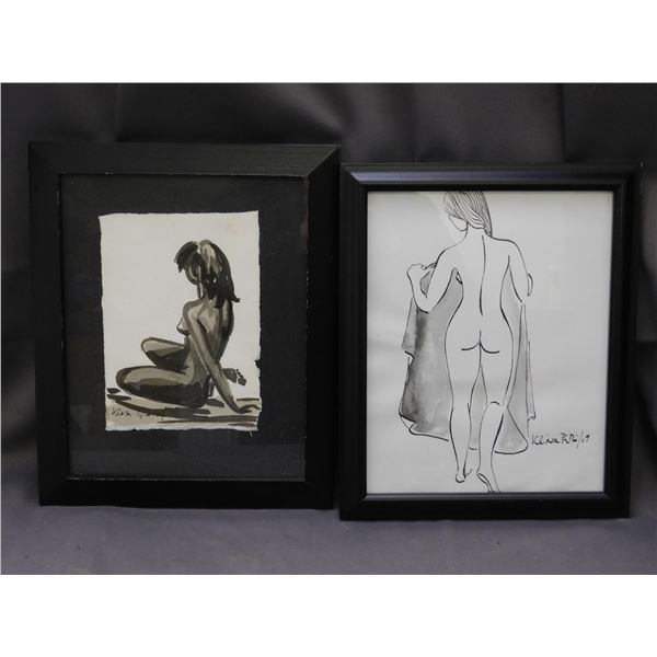 Lot of 2 Original Ink Paintings Women Female Body Art Nudes Artist Signed