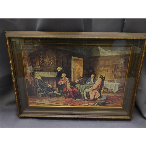Vintage Framed Art Print Textured Print Five Men Around Table