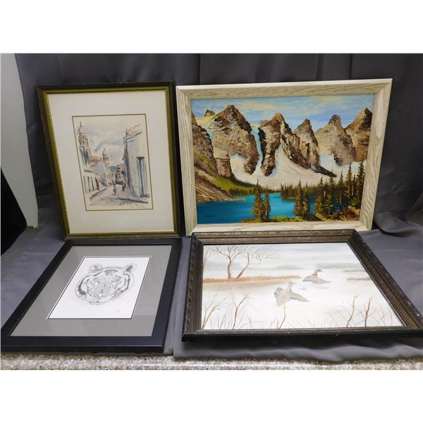 Lot of 4 Original Artwork Heavy Pallet Painting Mountains, Ducks, Art Print and Tiger Sketch