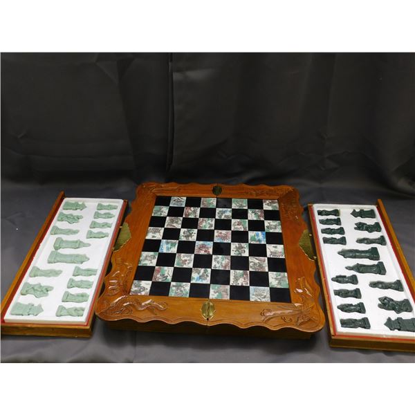 Vintage Japanese Carved Wooden Dragon Inlay Scenes Chess Set Folding Board & Pieces