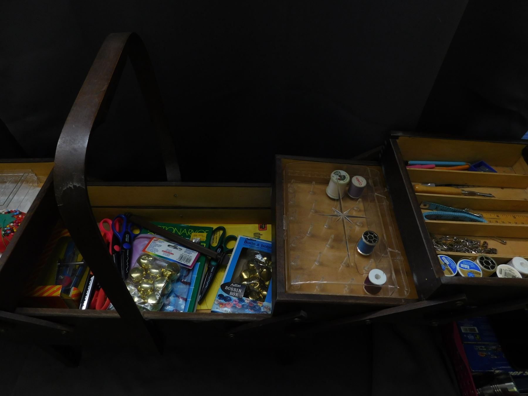 Wooden Tiered Fold Out Sewing Box Basket FULL of Sewing Items