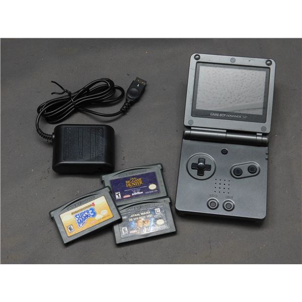 Nintendo Gameboy Advance SP 101 GBA SP Grey Console, Power Cord & 3 Games