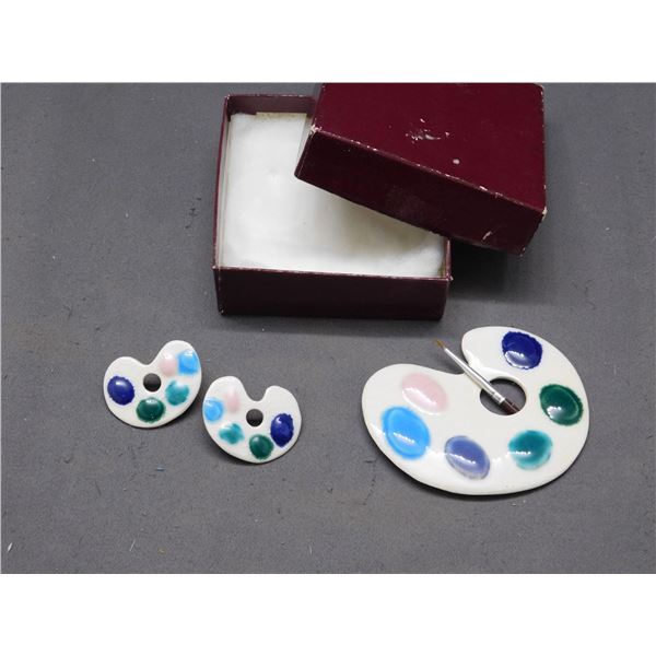 Clay Pottery Artists Pallet Brooch and Earrings  Artist Signed
