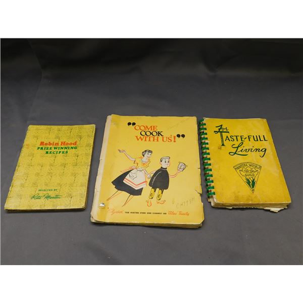 Lot of 3 Vintage Cookbooks for Taste-Full Living, Come Cook with Us, Robin Hood Prize Winning