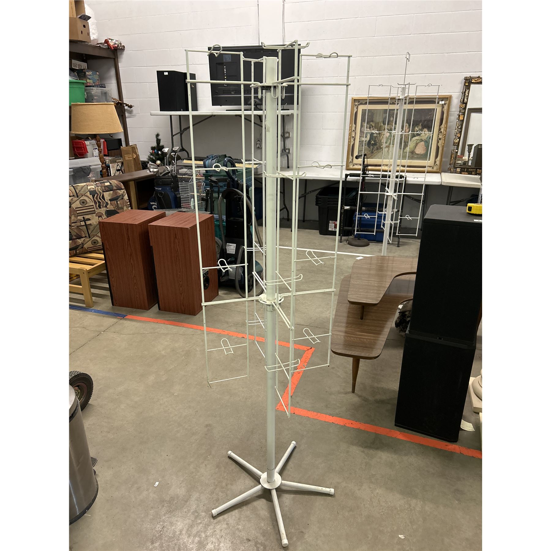 Floor Standing White Wire Store Rack Rotating with Hanging Pegs