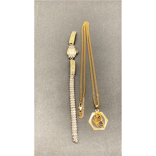 10K CHAIN (23") WITH 10K BUTTERFLY PENDANT & 14K OMICRON LADIES WRISTWATCH SET WITH DIAMONDS (11....