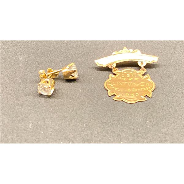 10K FIRST PRIZE BROOCH & PAIR 14K EARRINGS SET WITH CUBIC ZIRCONIA (3.5G)