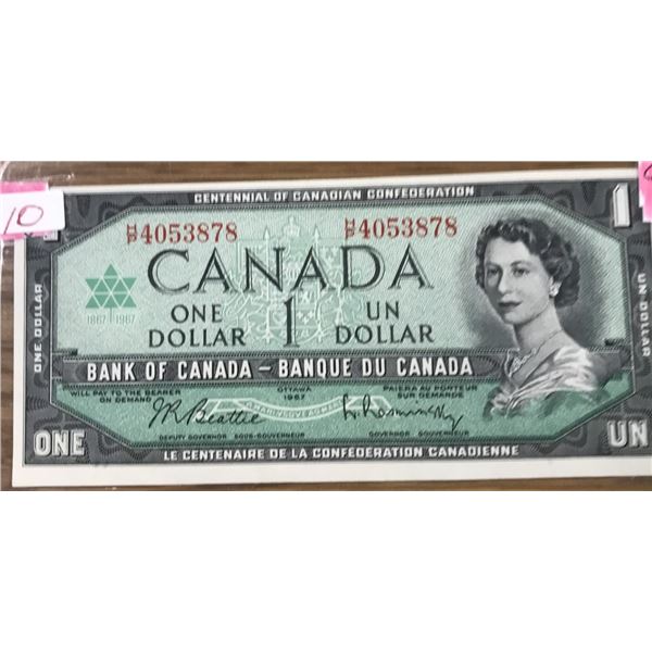 1967 UNCIRCULATED CANADA CENTENNIAL SERIAL NUMBER $1 BILL