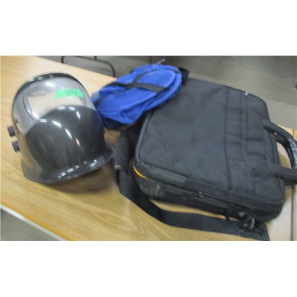 BOX C/W WELDING HELMET, COMPUTER BAG, CAT TUNNEL, ETC
