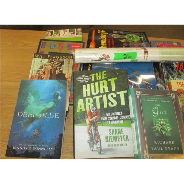 BOX C/W EXERCISE STRAP, BOOKS, DVD'S, ETC