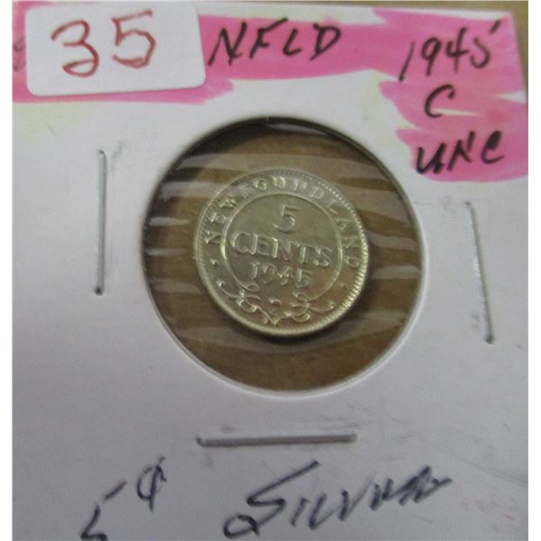 1945C NEWFOUNDLAND UNCIRCULATED SILVER FIVE CENT