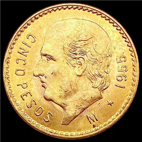 1955 Mexico Gold 5 Pesos 0.1206oz GEM BU