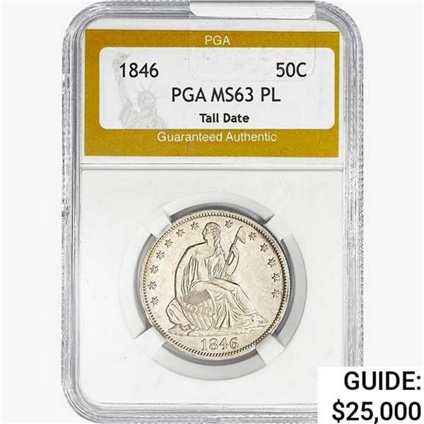1846 Seated Liberty Half Dollar PGA MS63 PL, Tall Date