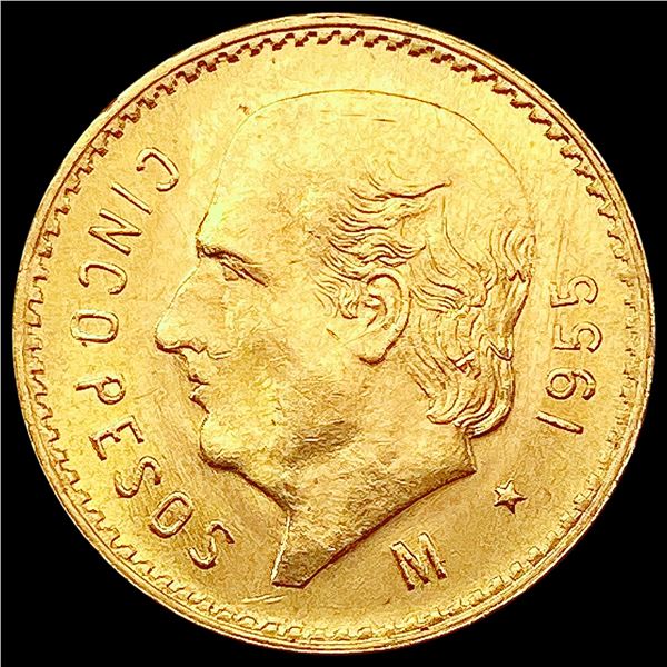 1955 Mexico Gold 5 Pesos 0.1206oz SUPERB GEM BU