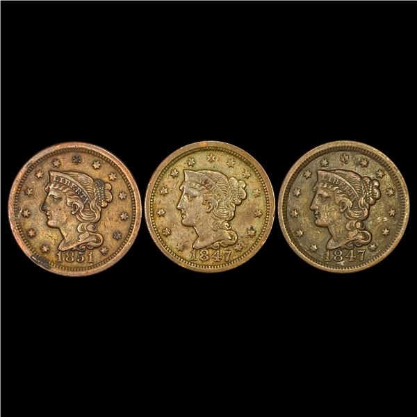 1847-1851 US Large Cent Lot [3 Coins] CLOSELY UNCIRCULATED
