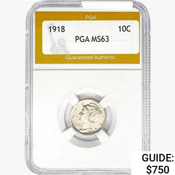 1918-D Mercury Silver Dime PGA MS63