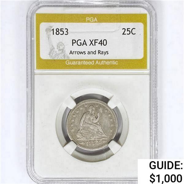 1853 Seated Liberty Quarter PGA XF40 Arrows & Rays