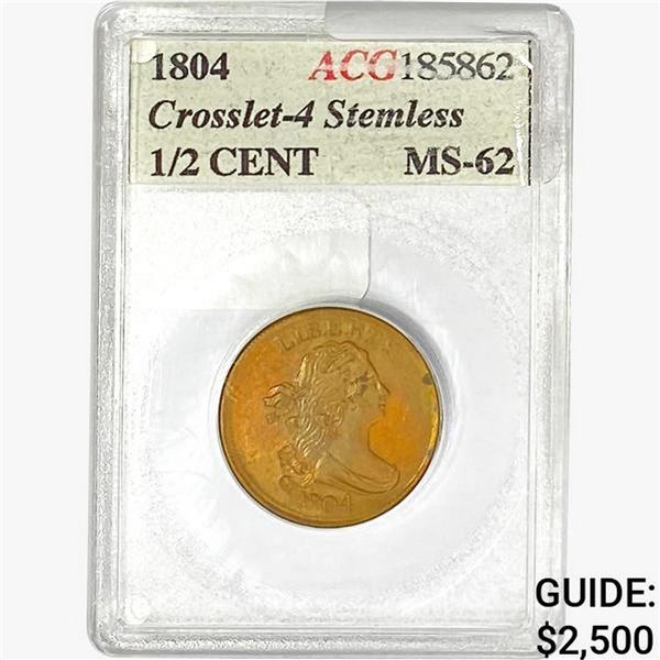 1804 Draped Bust Half Cent ACG MS62 Crosslet-4 Stemless