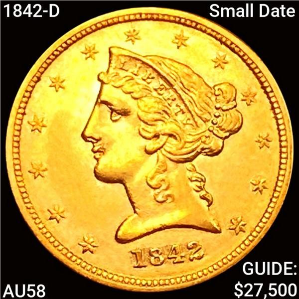 1842-D Small Date $5 Gold Half Eagle CHOICE AU