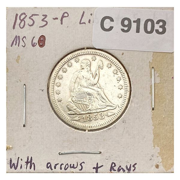 1853 Arr. Rays Seated Liberty Quarter