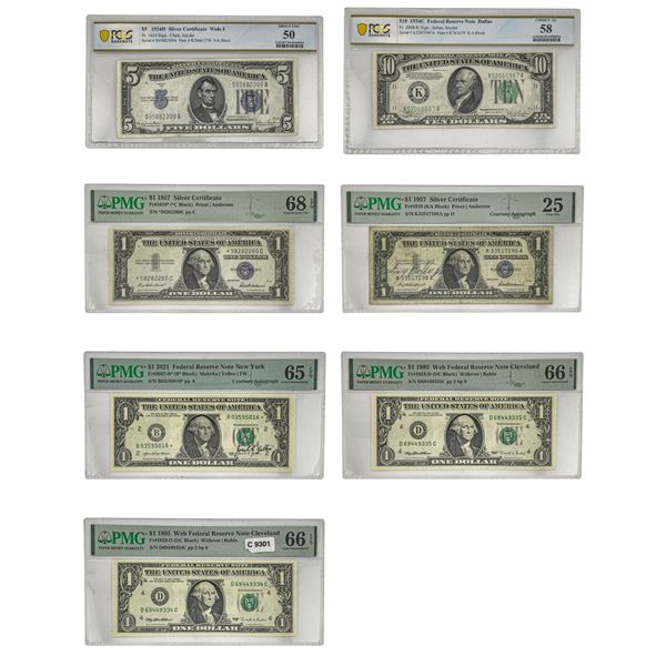 1934-2021 [7] Certified U.S. Paper Money Lot $1-$10 PCGS/PMG