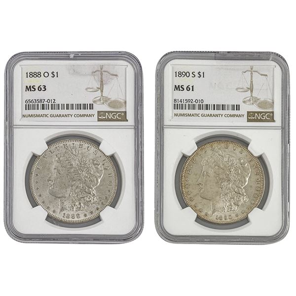 [2 Coins] 1888-O, 1890-S Morgan Silver Dollar Lot NGC MS61/63