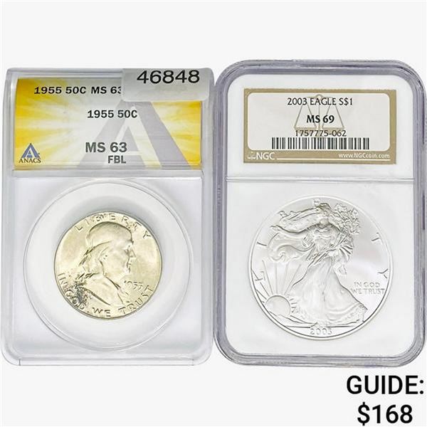 [2] 1955&2003 50C Franklin Coin, $1 Silver Eagle Coin  MS63/69