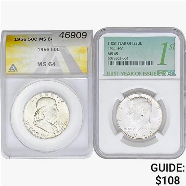 [2] 1956&1964 50C Franklin Coin, 50C Kennedy Coin  MS64/65