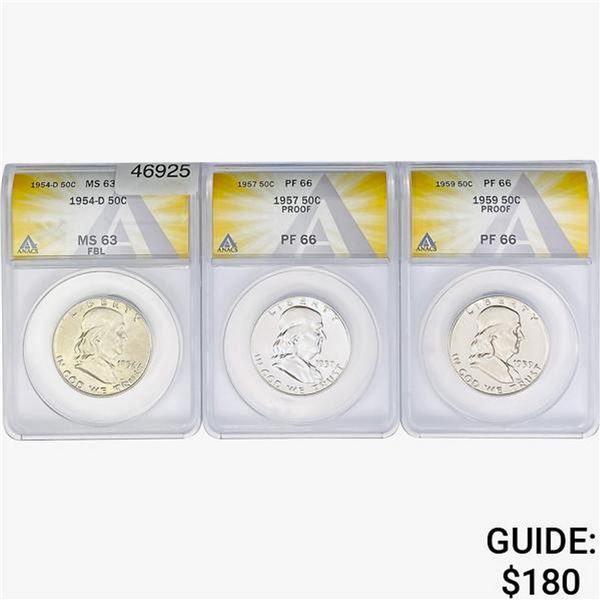 [3] 1954-1959 Franklin Half Dollar ANACS MS/PF63/66 PF, FBL