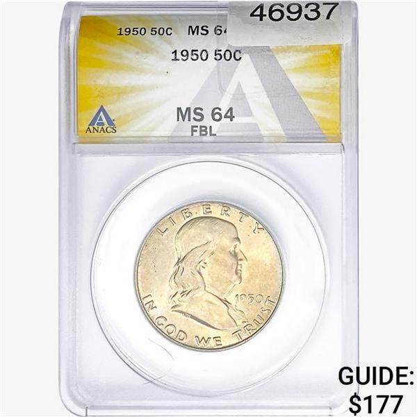 1950 Franklin Half Dollar ANACS MS64 FBL