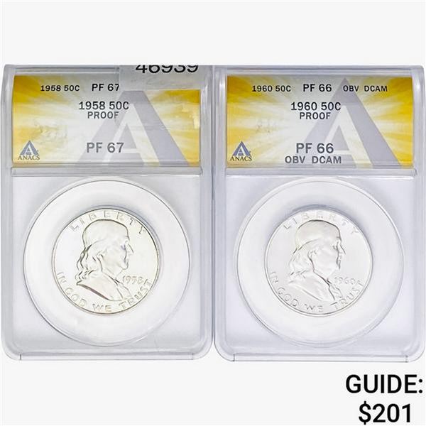 [2] 1958&1960 Franklin Half Dollar ANACS PF66/67 PF, OBV DCAM