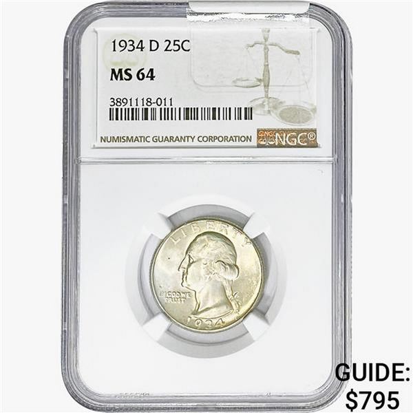 1934-D Washington Silver Quarter NGC MS64
