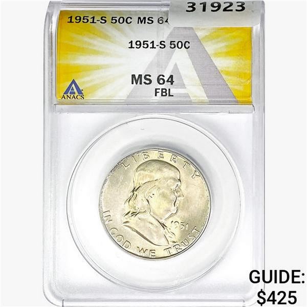 1951-S Franklin Half Dollar ANACS MS64 FBL