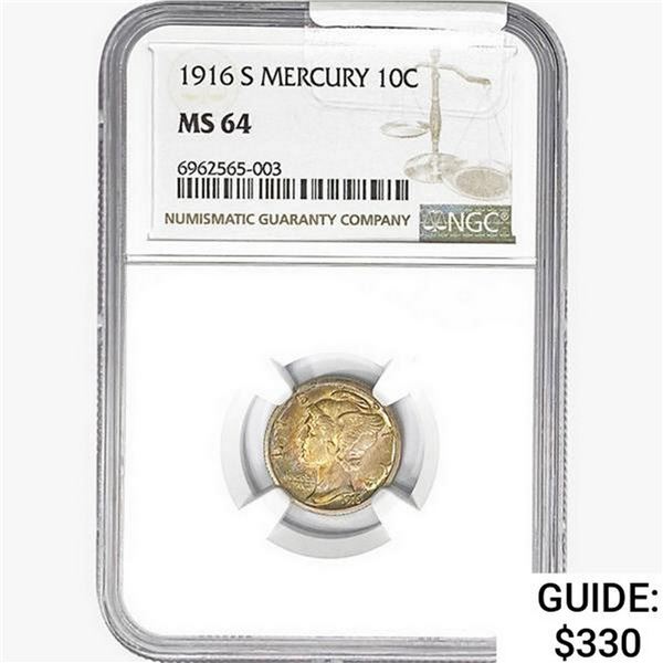 1916-S Mercury Silver Dime NGC MS64