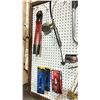 Image 2 : CONTENTS OF PEG BOARD. SAW, BOLT CUTTERS, LOCTITE, IGNITION FIRING INDICATOR X 2,  LARGE SWIVEL