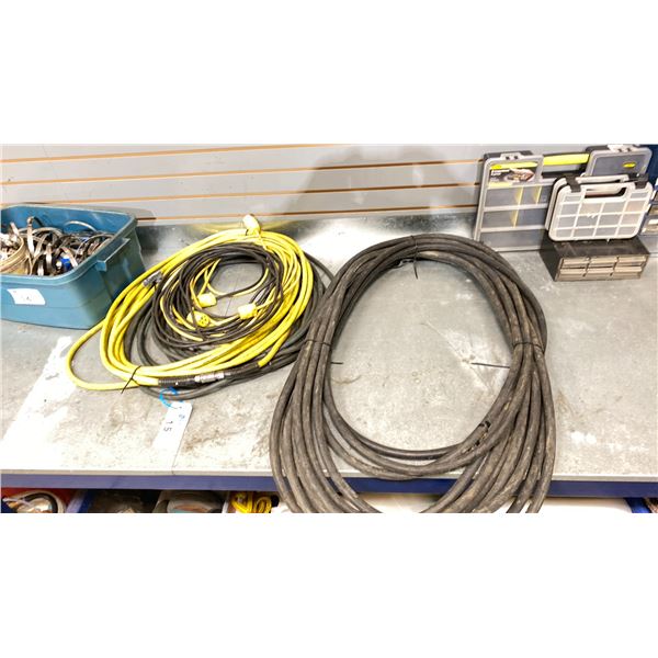 GROUP LOT OF 2X50' AIR HOSES AND 80' GARDEN HOSE, 2 EXTENSION CORDS