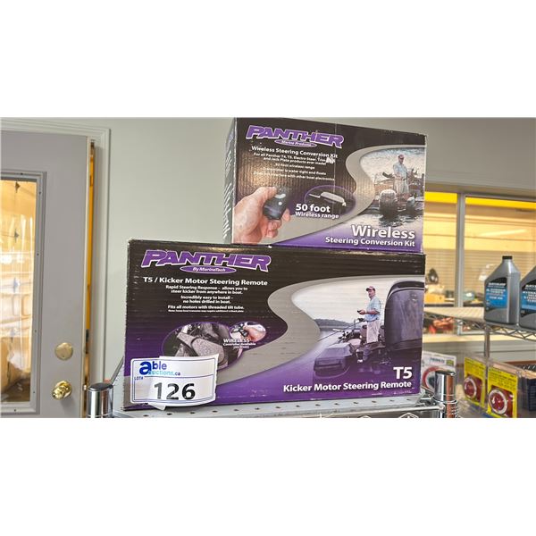 NEW IN BOX PANTHER WIRELESS STEERING CONVERSION KIT AND MODEL T5 KICKER MOTOR STEERING REMOTE