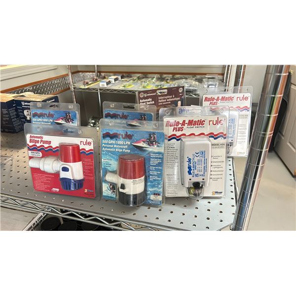 GROUP LOT OF 4 AUTOMATIC BILGE PUMPS, 3 FLOAT SWITCHES